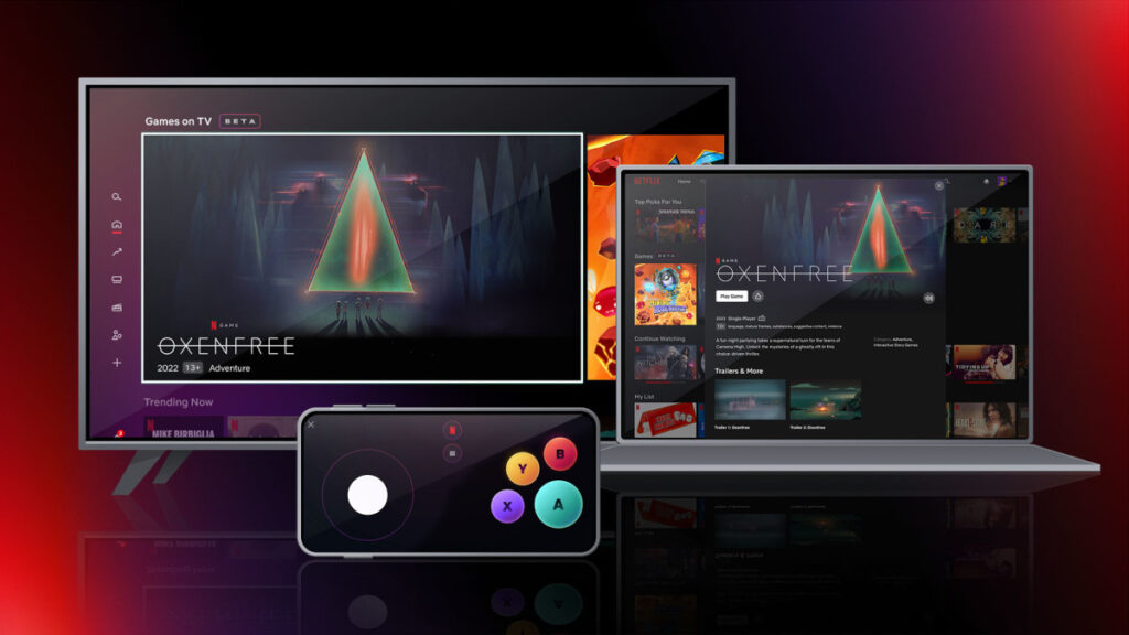 Netflix Beta Testing displayed on a TV and laptop with controls on a mobile device.